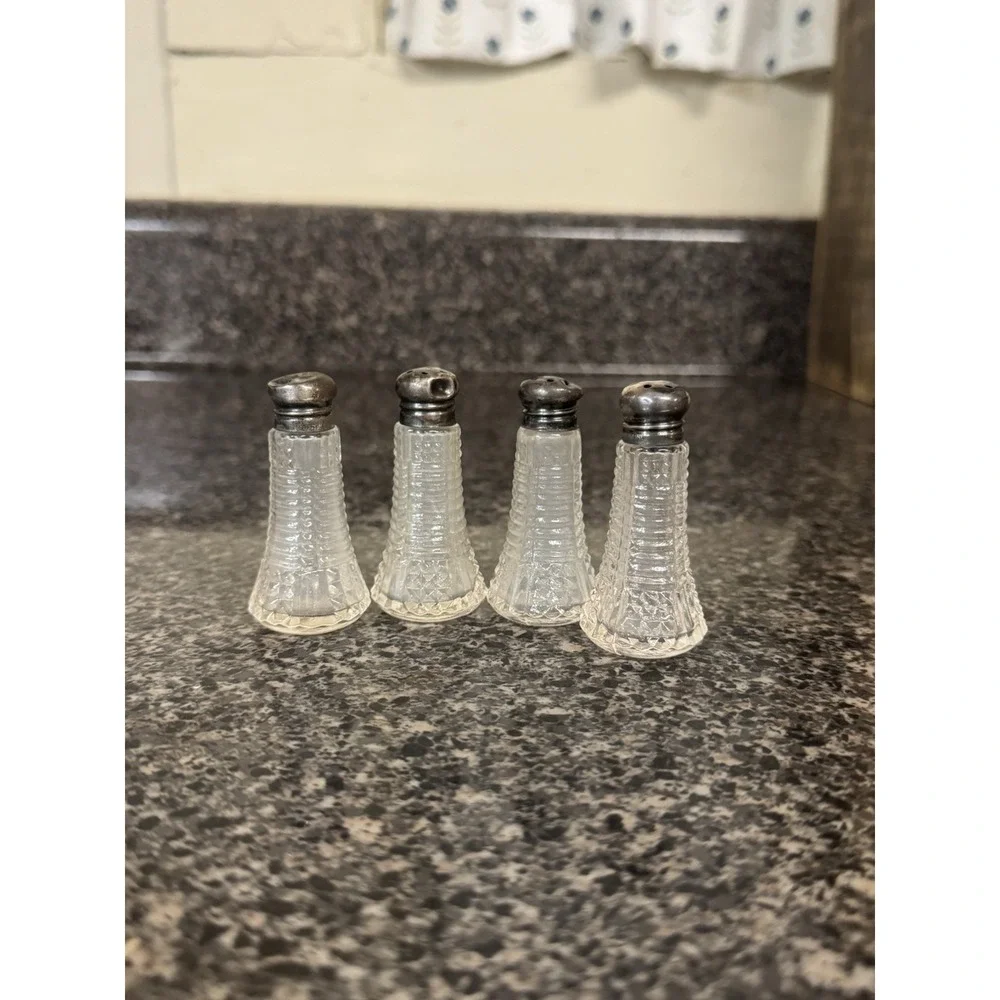 Vintage 1940's mini Sterling Silver Salt Pepper Shakers crystal Set Of 4